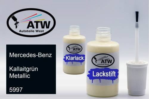 Mercedes-Benz, Kallaitgrün Metallic, 5997: 20ml Lackstift + 20ml Klarlack - Set, von ATW Autoteile West.